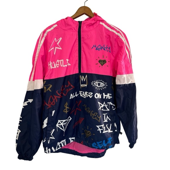 Unisex Screenshot Pullover Windbreaker Half Zip Graffiti Hooded  Pockets Sz S - Picture 3 of 5